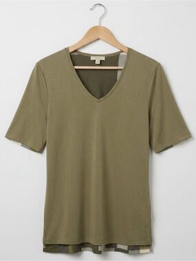 BURBERRY Brit Olive Green V-Neck Layered Hem Tee